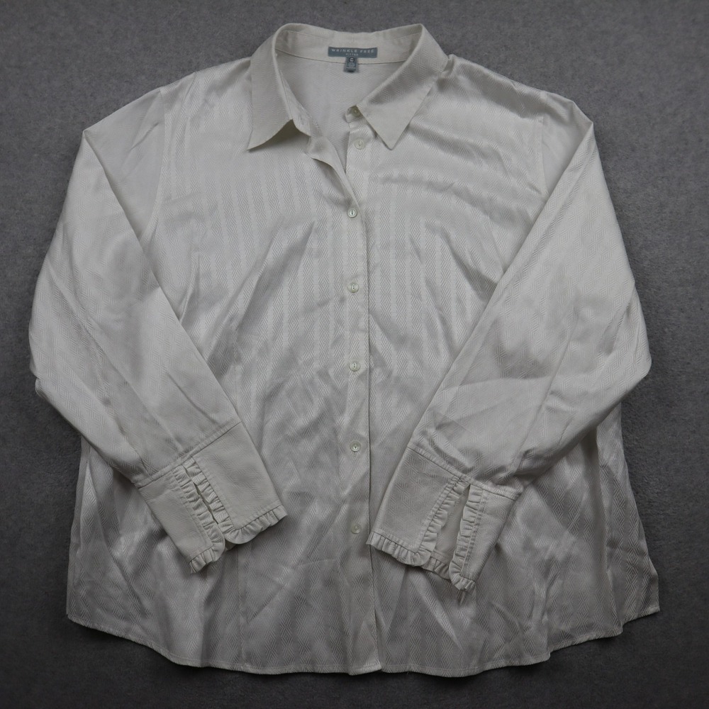 Foxcroft Button Down Shirt Women 22W White Wrinkle Free Ruffle Cuff Jacquard